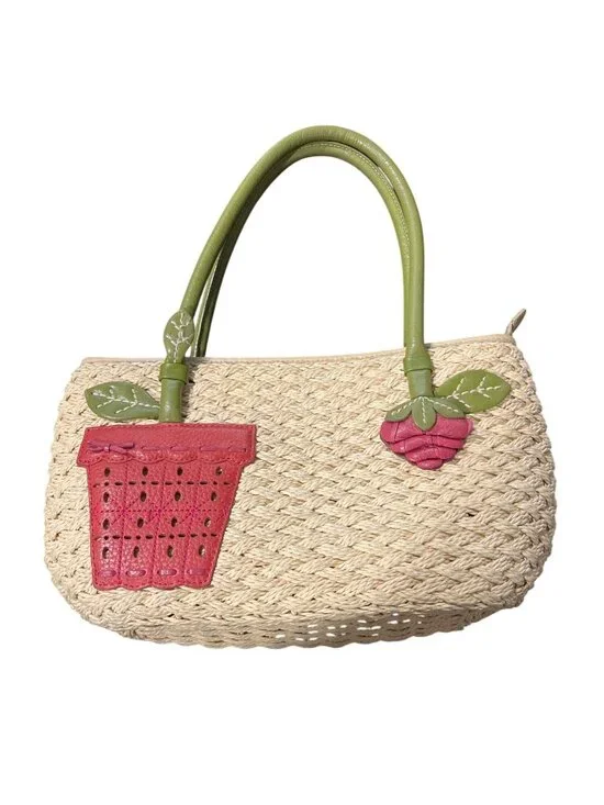 Brighton Woven Bag Flower Pot Strawberry Vintage Green-Handles Floral Lining - Picture 1 of 7